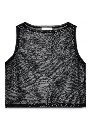 Top negro sin mangas que presenta una tela transparente con patrones en espiral de lentejuelas plateadas, terminado con un cuello y dobladillo ribeteados en negro.