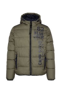 Giacca imbottita verde oliva con cappuccio, cerniera frontale, tasche con cerniera e testo e grafiche blu navy sul petto e sulla manica.