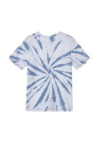Katoenen T-shirt met een witte basis en een blauwe spiraal tie-dye patroon, ronde halslijn, korte mouwen en afgewerkte zomen.