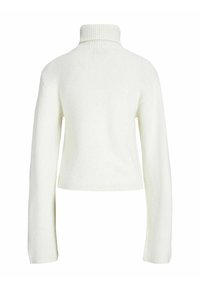Pull en tricot crème avec un col montant, design court et manches longues. La texture est douce, avec une finition côtelée à l'ourlet.