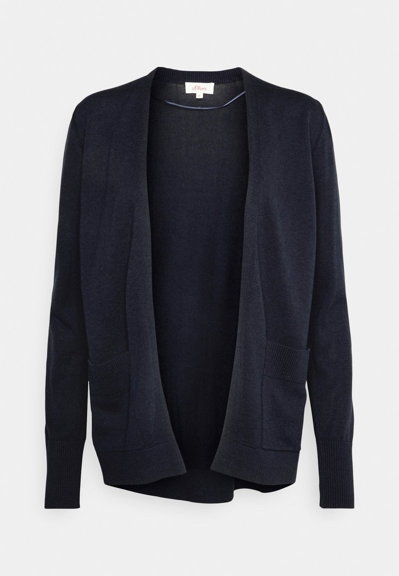 Cardigan bleu marine foncé ouvert sur le devant, avec manches longues, deux poches avant et poignets ainsi qu'ourlet côtelés.