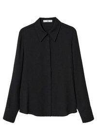 Long-sleeve, black blouse made of smooth fabric, featuring a classic collar, buttoned front, and slightly curved hem.