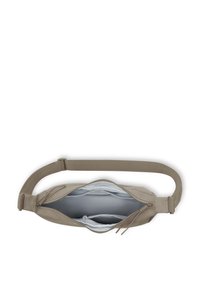 Borsa in tessuto beige con zip in alto, ha un design piatto e una tracolla larga. L'interno presenta una fodera azzurro chiara e una tasca con zip più piccola.