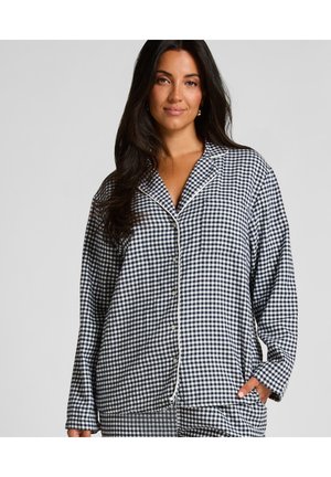 Navy- und weißes Gingham-Muster Pyjama-Set mit langen Ärmeln, Druckknopfverschluss und Taschendetail, das eine lässige Passform und weichen Stoff bietet.