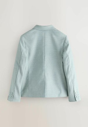 Lyseblå blazer med glat tekstur, skræddersyet pasform, enkeltpakket design med tre-knaps manchetter og klassisk hakket revers.