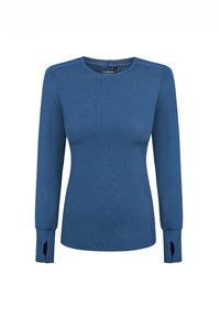 Zila ilga piedurkne krekls no ribota auduma, ar apaļu kaklu un sānu slitiem pie piedurknēm, lai uzlabotu kustību. Gluda tekstūra.