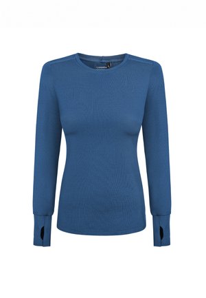 Niebieska koszula z długim rękawem z żeberkowanej tkaniny, z okrągłym dekoltem i bocznymi rozcięciami przy mankietach dla lepszej swobody ruchów. Gładka tekstura.