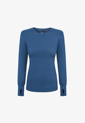 Niebieska koszula z długim rękawem z żeberkowanej tkaniny, z okrągłym dekoltem i bocznymi rozcięciami przy mankietach dla lepszej swobody ruchów. Gładka tekstura.