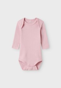 Pink long-sleeve bodysuit made of soft cotton, featuring a round neckline and snap closure at the bottom for easy dressing.
