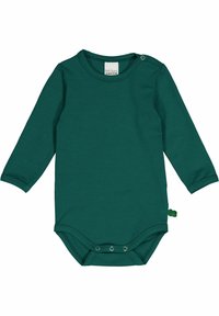 Bodysuit pour bébé à manches longues en coton vert foncé. Doté d'un col rond, de fermetures à pression en bas et d'un petit accent décoratif.