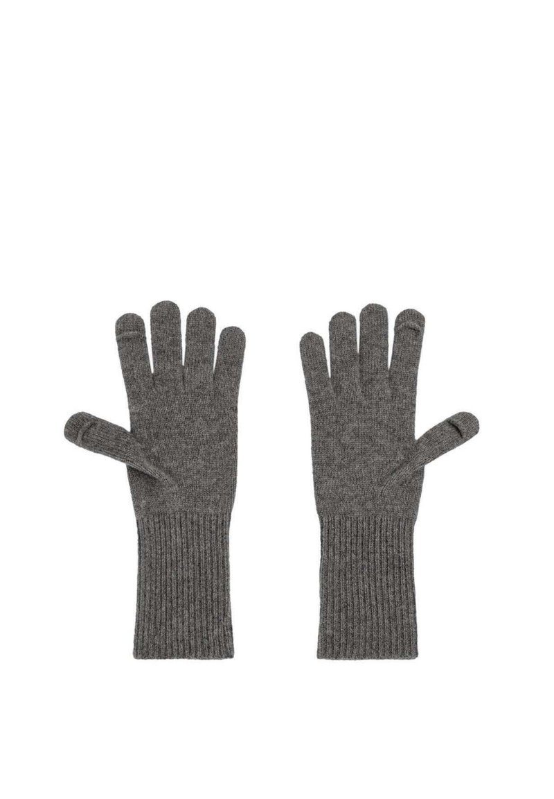 Guantes de punto gris hechos de material suave, con puños acanalados y cinco aperturas para los dedos, diseñados para ofrecer calidez y destreza.