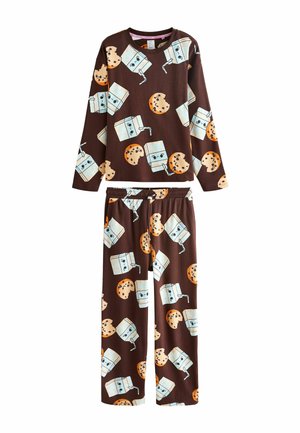 Brown, ribbed pajama set featuring repeated patterns of milk cartons and cookies. Long-sleeved top with matching pants, elastic waistband.
