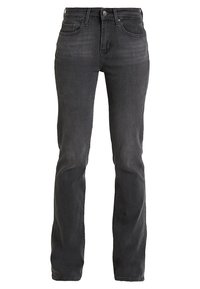 Jean en denim noir avec une coupe droite, dot é d'un style classique à cinq poches, d'une fermeture par bouton et d'une texture délavée subtile.