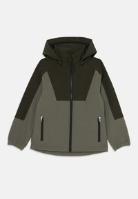 Hooded jacket in dark olive green, featuring a geometric design with lighter olive accents, zippered pockets, and elastic cuffs.