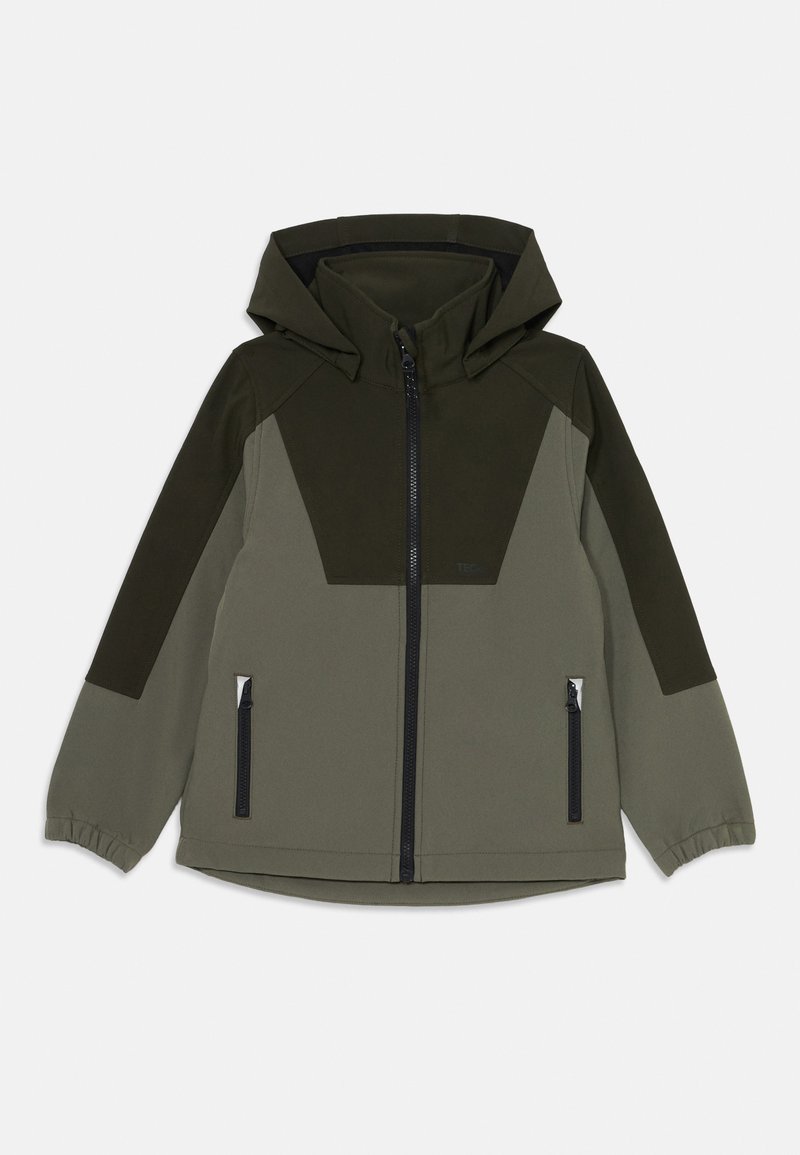 Tumeoliivroheline kapuutsiga jakk, millel on geomeetriline muster, heledama oliivrohelise aktsendiga, lukuga taskud ja elastsed mansetid.