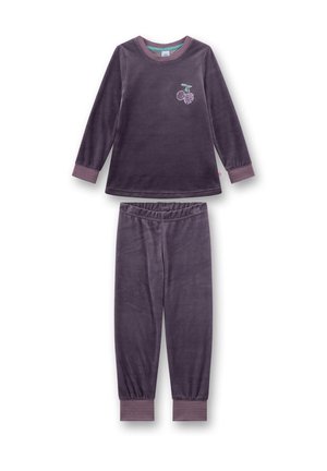 Lila Velours-Pyjama-Set mit langen Ärmeln und Hose, das ein Kirschstickerei an der Oberseite sowie gestreifte Bündchen an den Ärmeln und der Hose aufweist.