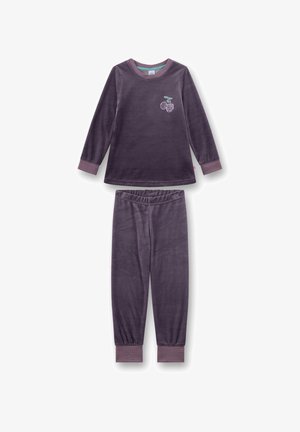 Purple velour pajama set with long sleeves and pants, featuring a cherry embroidery on the top, and striped cuffs on the sleeves and pants.