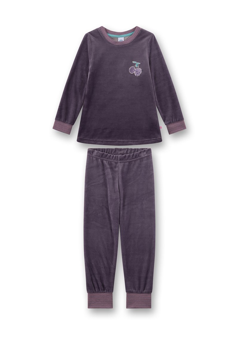 Paarse velours pyjama set met lange mouwen en een broek, met een kers borduursel op de top en gestreepte manchet aan de mouwen en de broek.