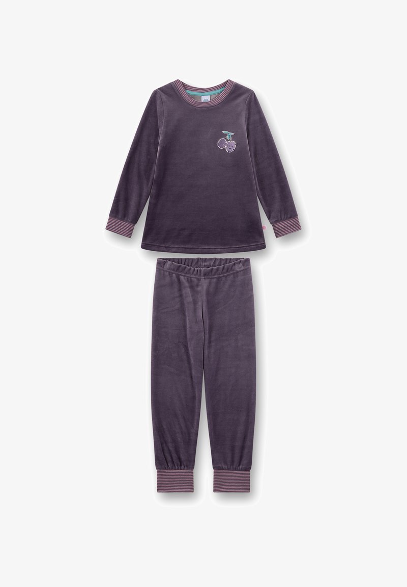 Paarse velours pyjama set met lange mouwen en een broek, met een kers borduursel op de top en gestreepte manchet aan de mouwen en de broek.