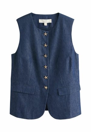 Tumši zils džinsa veste bez piedurknēm ar zvaigznes formas pogām priekšpusē un divām atloku kabatām sānos.