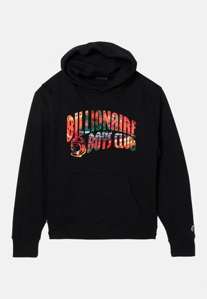 Schwarze Kapuzenjacke aus weichem Stoff mit einer Vordertasche, Kordelzugkapuze und buntem "Billionaire Boys Club"-Grafikdesign.