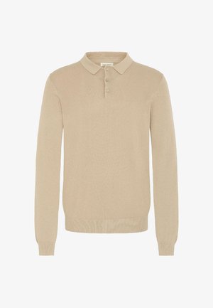 Beige long-sleeve polo shirt made of soft knit fabric. Features a collar and three-button placket. Ribbed cuffs and hem provide structure.