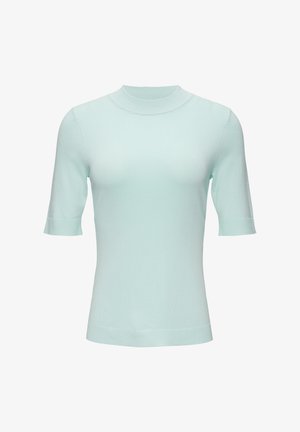 Licht-mintgroen gebreid topje met korte mouwen, ronde halslijn en ribbels aan de randen. Glad van structuur, aansluitend design en geen zichtbare patronen.