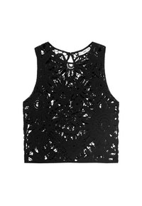 Čierny bezrukávový crop top s prepracovaným kvetinovým čipkovým vzorom a výrezmi. Mäkká textúra a okrúhly výstrih.