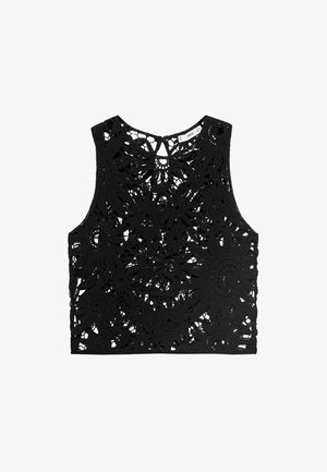 Zwarte mouwloze crop top met ingewikkeld bloemenkantontwerp en uitsnijdingen. Zachte textuur en ronde halslijn.