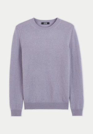 Lavender long-sleeve crew neck sweater with ribbed cuffs and hem, labeled "GOBI," displayed on a white background.