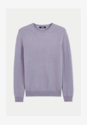 Pull long à manches longues de couleur lavande avec col rond, poignets et ourlet côtelés, étiqueté "GOBI", présenté sur un fond blanc.