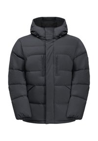 Doudoune noire avec capuche, présentant un design matelassé, deux poches zippées sur la poitrine et des poignets élastiques. Texture lisse et rembourrée.