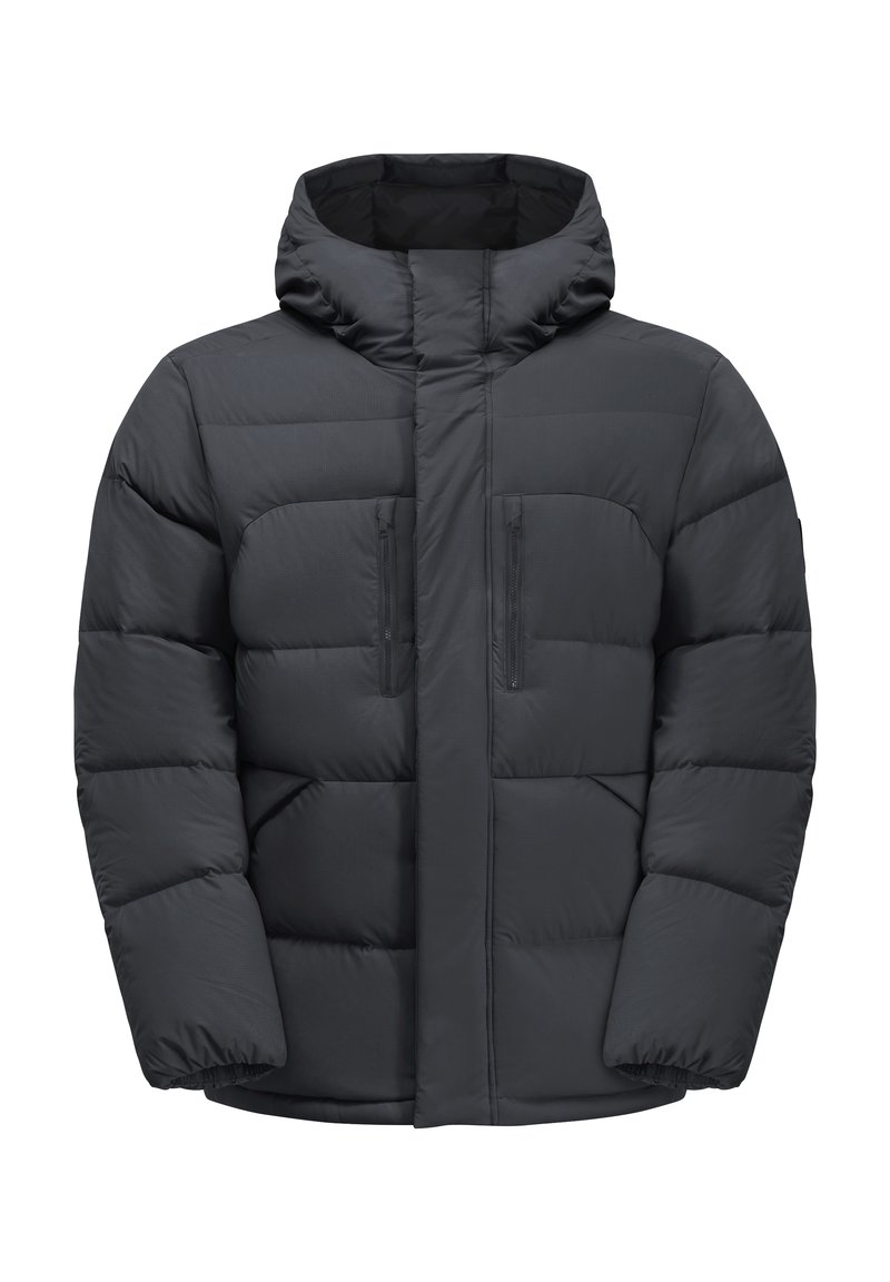 Schwarze Daunenjacke mit Kapuze, mit einem gesteppten Design, zwei Reißverschlusstaschen auf der Brust und elastischen Bündchen. Angenehme, gepolsterte Textur.