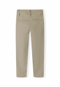 Beige katoenbroek met een recht model, voorzien van achterzakken en een gladde, gestructureerde afwerking.