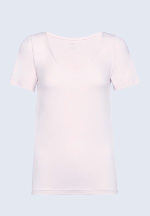 Light pink short-sleeve T-shirt with a deep V-neck, crafted from soft cotton fabric, featuring a clean hem and minimalistic design.