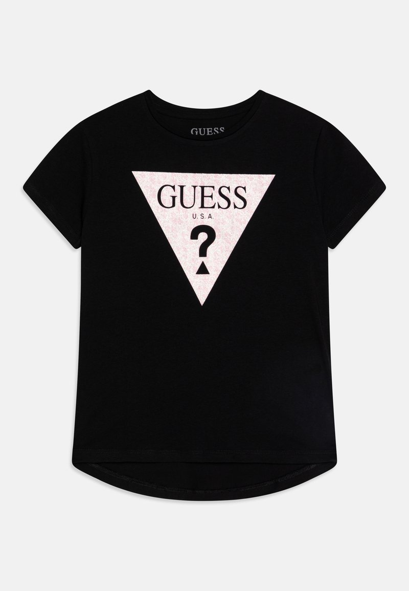 Melns t-krekls ar īsām piedurknēm, kam ir rozā trīsstūrveida grafika, kurā centrā ir teksts "GUESS USA" un jautājuma zīme.