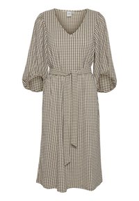 Robe midi beige à motif quadrillé noir, col en V, manches 3/4 bouffantes, et ceinture en tissu assorti nouée à la taille.
