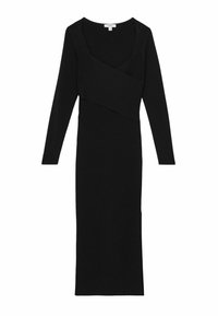 Rochie neagră cu mâneci lungi, decolteu în V și design cu corp încrucișat. Fabricată dintr-un material moale și elastic; siluetă ajustată și lungime până la glezne.