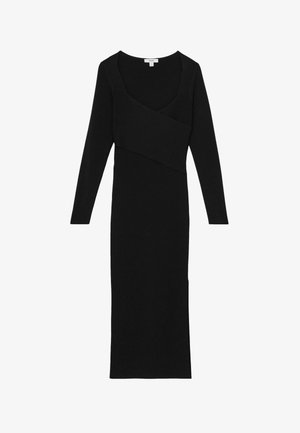 Juoda ilga rankovė su V formos iškirpte ir kryžminiu kūno dizainu. Pagaminta iš minkštos, elastingos medžiagos; prigludusi siluetas ir kulkšnies ilgis.