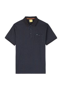 Polo bleu marine avec un motif géométrique, à manches courtes, avec un col et une poche poitrine. Fabriqué en tissu léger.