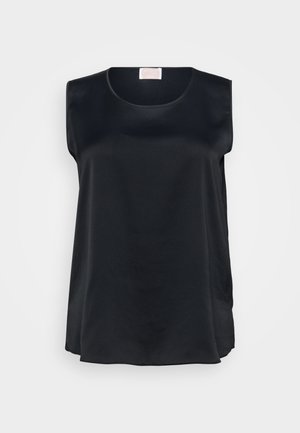 Crna majica bez rukava od glatkog materijala, s zaobljenim dekolteom i raskošnim krojem s bočnim prorezima za prozračnost i slobodu kretanja.