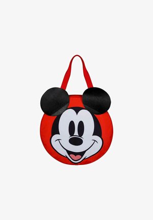 Sac rond rouge avec un grand visage noir et blanc de Mickey Mouse, des grandes oreilles noires et des anses de transport rouges. Fabriqué en matériau synthétique.