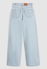 Light blue denim wide-leg jeans with a high waist, featuring back pockets and a brown leather label at the waistband.