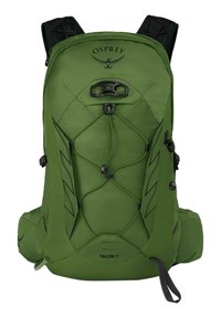 Sac à dos Osprey Talon 11 vert avec un tissu texturé, un design de rucksack, des bretelles réglables, un cordon élastique et un logo sur le devant.