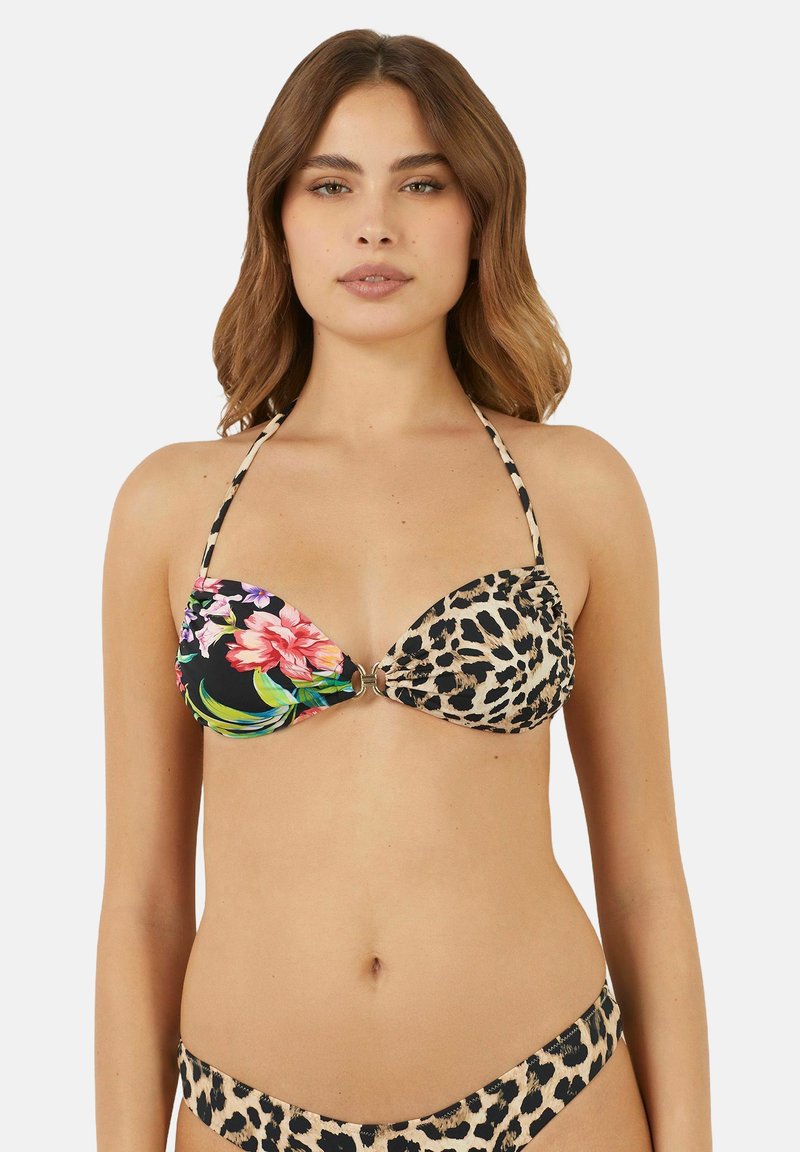 Bikini s květinovým vzorem na jedné injektáži a leopardím vzorem na druhé, s zlatými detaily a tenkými nastavovacími ramínky, v kombinaci černé, růžové a béžové barvy.