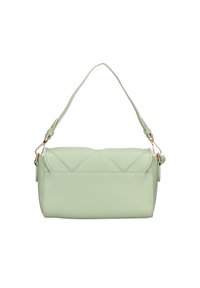 Effen, mintgroene handtas van synthetisch materiaal, voorzien van een schouderriem en goudkleurige hardware. Soepele textuur met subtiele stiksels.