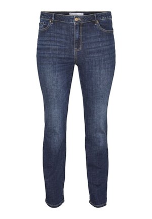 Mørkeblå denimjeans med slim fit, fem lommer, gullsting og knappelukking i livet. Klassisk stil.