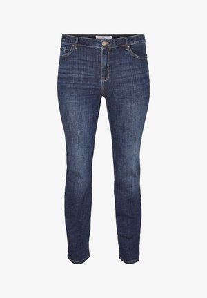 Mörkblå denimjeans med slim fit, femfickorsdesign, guldtråd och knappstängning i midjan. Klassisk stil.