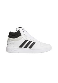High-top sneakers with a white synthetic upper, black accents, and three black stripes. Features a padded collar and white rubber sole.
