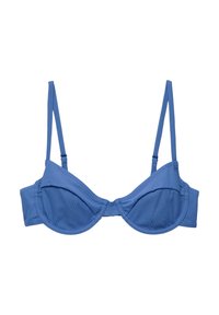 Blå ribbad underwire bh med justerbara axelband och en sömlös design, med en slät textur och enkel, minimalistisk stil.